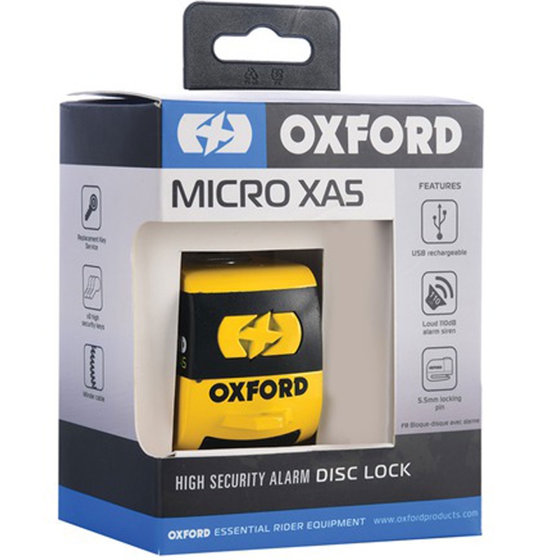Oxford Micro XA5 skivebremselås med integreret alarm gul-sort