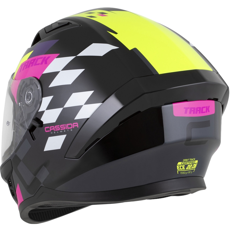 Cassida Orbit Track fullface motorcykelhjelm sort-pink-lilla-fluo gul-hvid