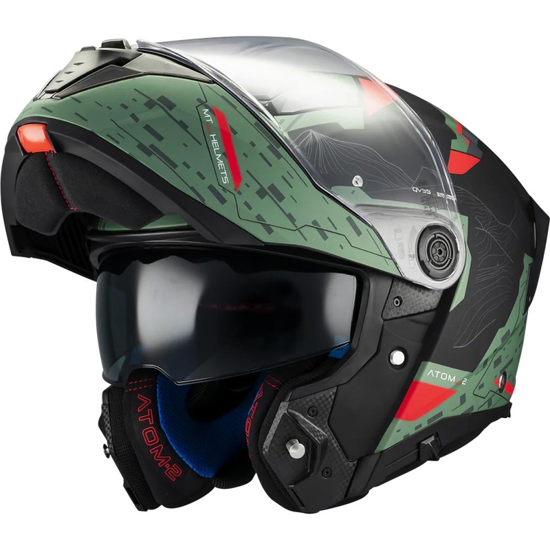 Flip-up motorcykelhjelm MT Atom 2 SV Highlands C6 mat grøn-sort-rød