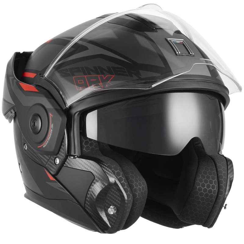 Flip-up motorcykelhjelm NOX PREMIUM Spinner Ark mat sort-rød