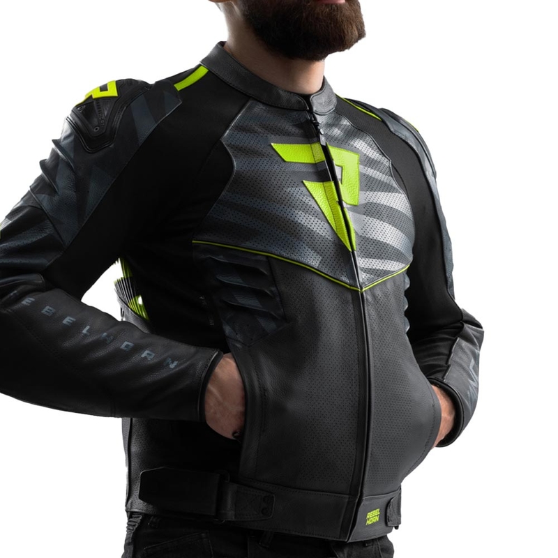 Rebelhorn Vandal 2 læder motorcykeljakke sort-grå-fluo gul