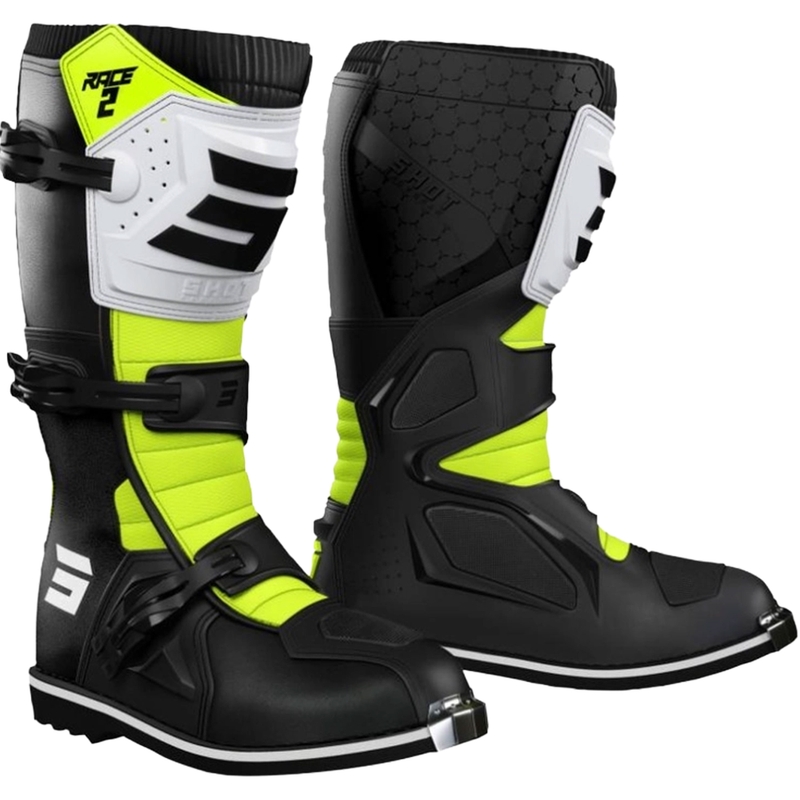 Motocrossstøvler Shot Race 2 Børn, Sort-Hvid-Fluo Gul