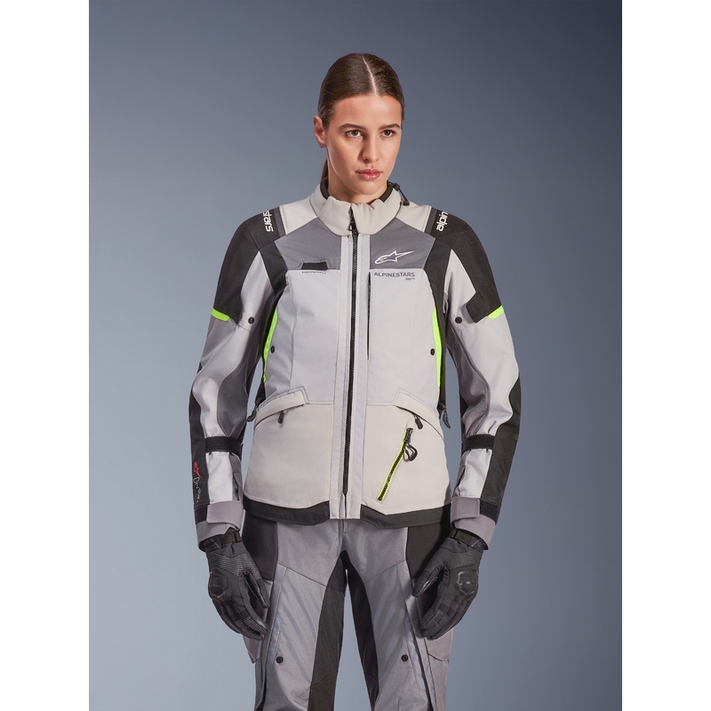 Motorcykeljakke Alpinestars Stella Andes V4 Drystar Dame, Mørkegrå-Lysegrå-Sort-Fluo Gul