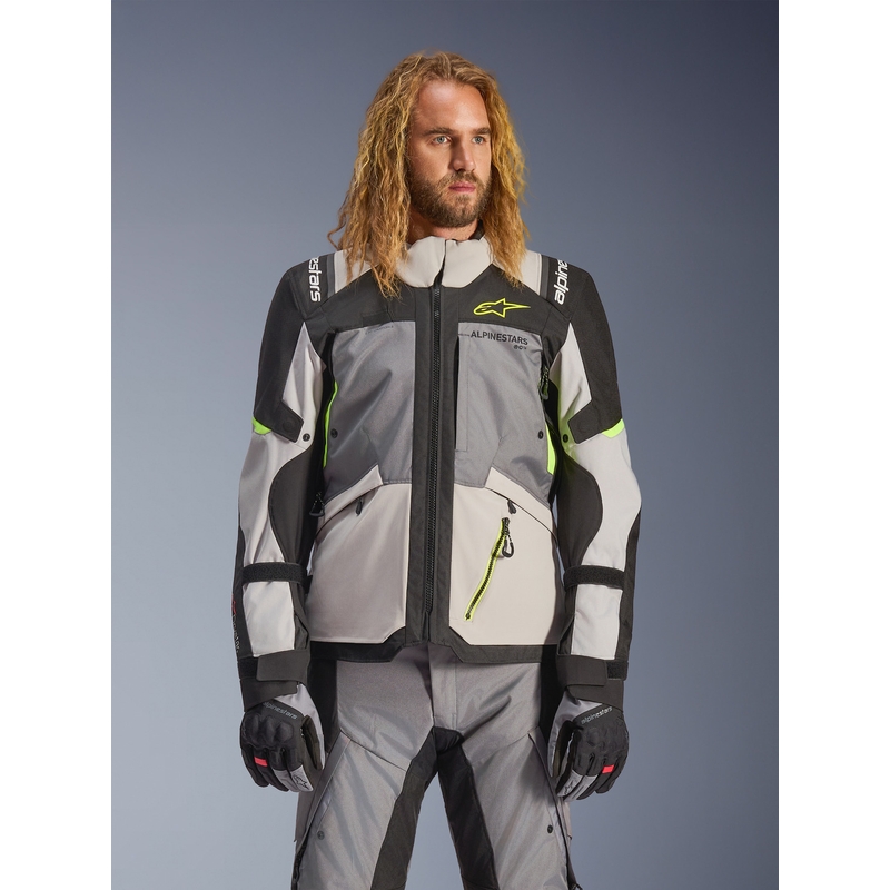 Motorcykeljakke Alpinestars Andes V4 Drystar, Mørkegrå-Lysegrå-Sort-Fluo Gul