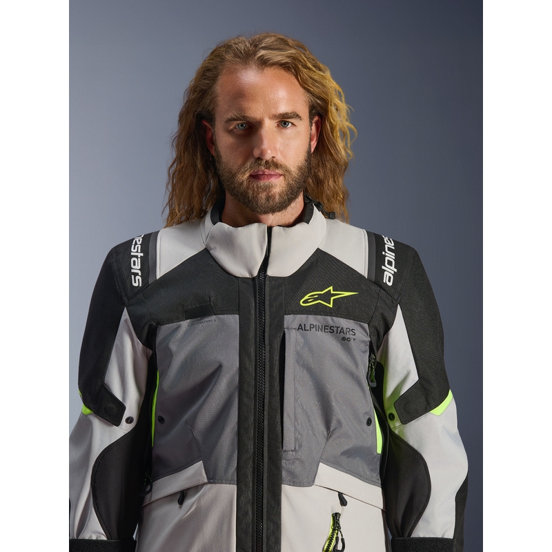 Motorcykeljakke Alpinestars Andes V4 Drystar, Mørkegrå-Lysegrå-Sort-Fluo Gul