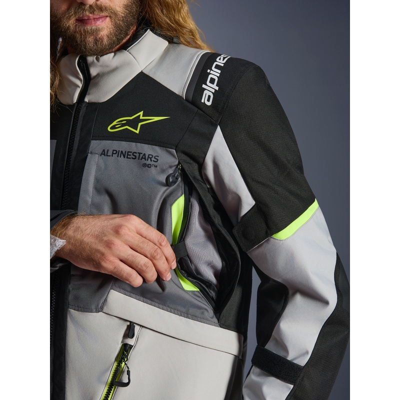 Motorcykeljakke Alpinestars Andes V4 Drystar, Mørkegrå-Lysegrå-Sort-Fluo Gul