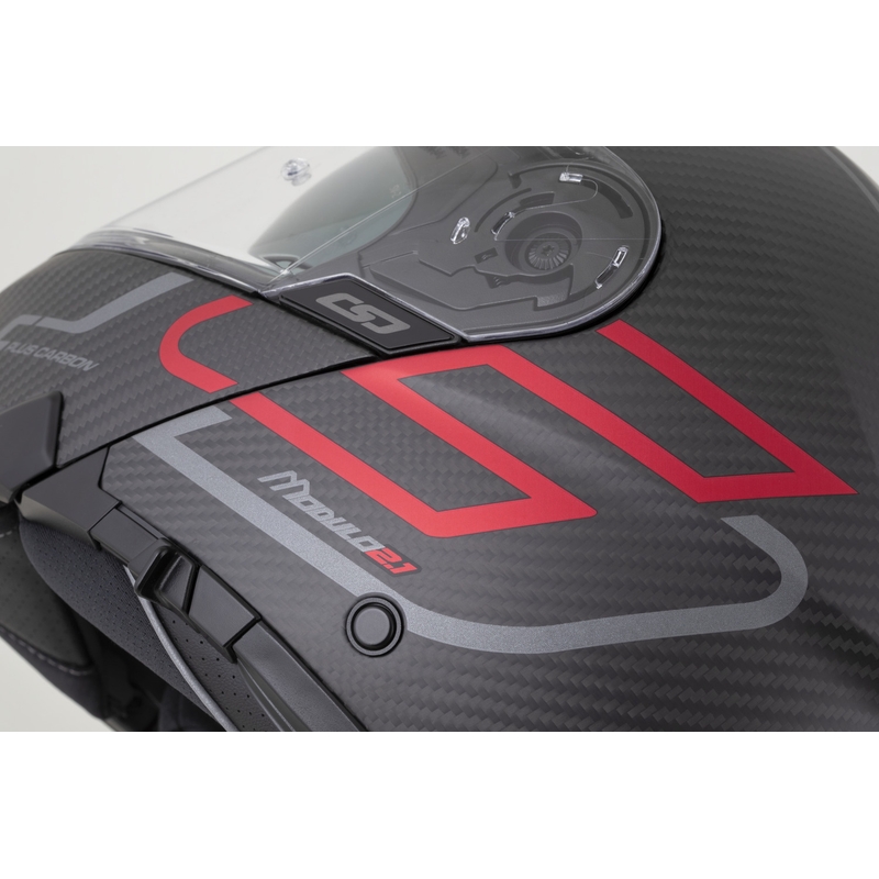 Flip-up motorcykelhjelm Cassida Modulo 2.1 Plus Carbon BlackOut mat sort-metallisk rød-reflekterende sølv-sort