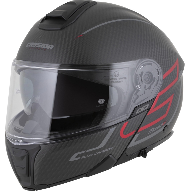 Flip-up motorcykelhjelm Cassida Modulo 2.1 Plus Carbon BlackOut mat sort-metallisk rød-reflekterende sølv-sort