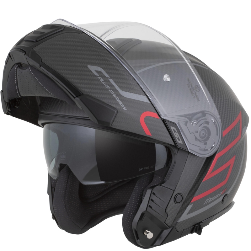 Flip-up motorcykelhjelm Cassida Modulo 2.1 Plus Carbon BlackOut mat sort-metallisk rød-reflekterende sølv-sort