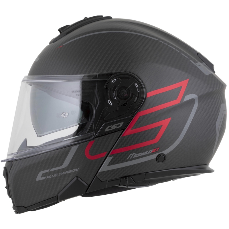 Flip-up motorcykelhjelm Cassida Modulo 2.1 Plus Carbon BlackOut mat sort-metallisk rød-reflekterende sølv-sort