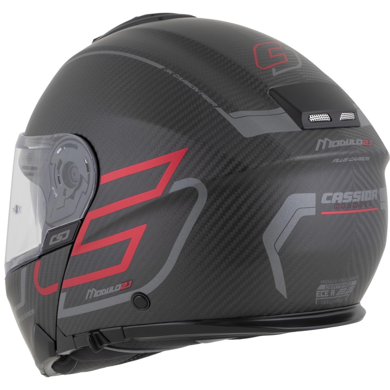 Flip-up motorcykelhjelm Cassida Modulo 2.1 Plus Carbon BlackOut mat sort-metallisk rød-reflekterende sølv-sort