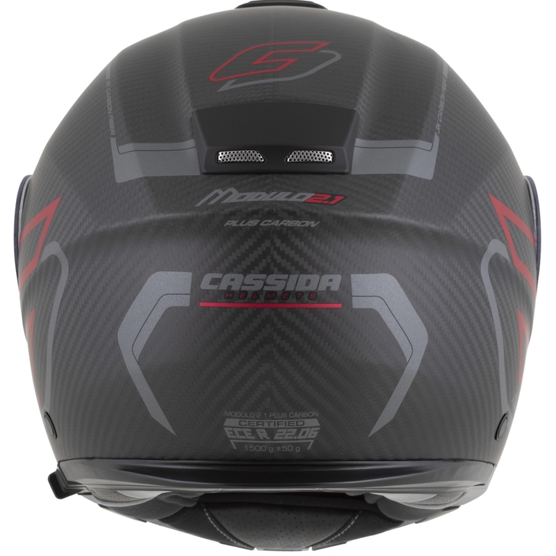 Flip-up motorcykelhjelm Cassida Modulo 2.1 Plus Carbon BlackOut mat sort-metallisk rød-reflekterende sølv-sort
