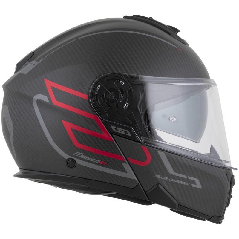 Flip-up motorcykelhjelm Cassida Modulo 2.1 Plus Carbon BlackOut mat sort-metallisk rød-reflekterende sølv-sort