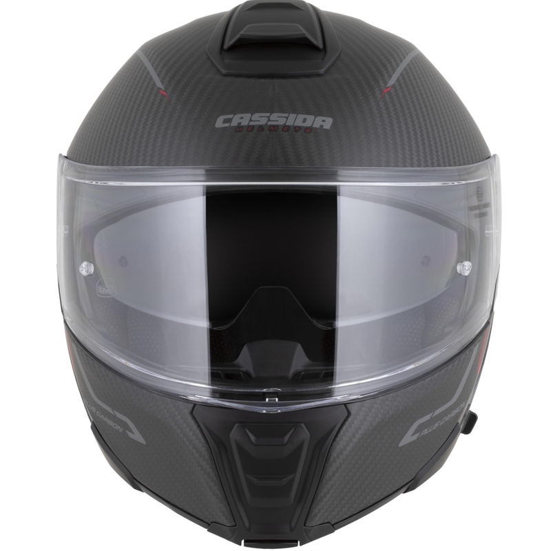 Flip-up motorcykelhjelm Cassida Modulo 2.1 Plus Carbon BlackOut mat sort-metallisk rød-reflekterende sølv-sort