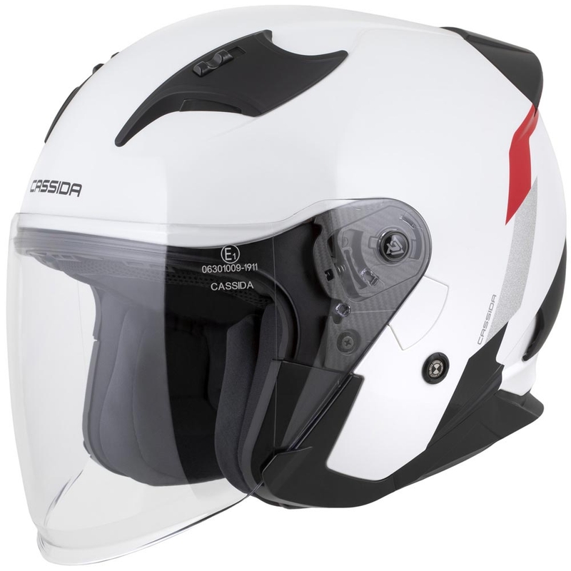 Cassida Reflex 2.0 Safety åben motorcykelhjelm hvid-rød-grå-reflekterende sølv