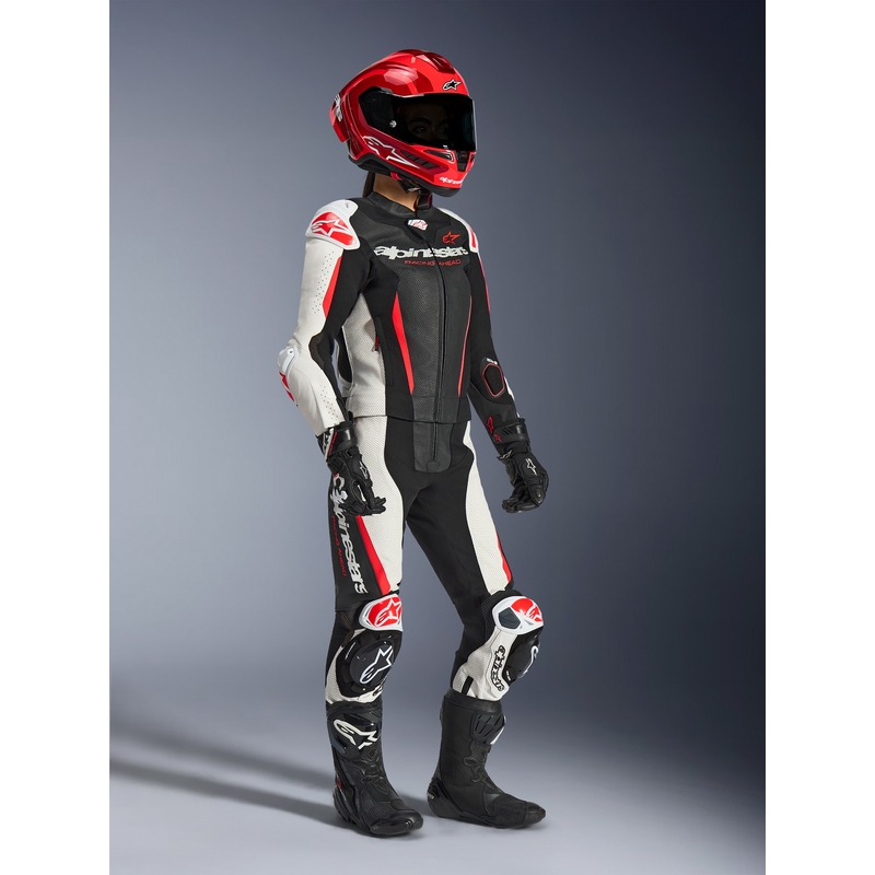 Dame todelt læder motorcykeldragt Alpinestars Stella GP-R7 sort-hvid-fluo rød