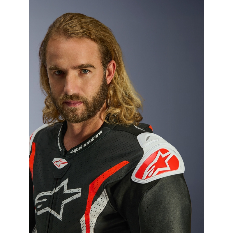 Alpinestars GP TECH V5 læder motorcykeldragt sort-hvid-fluo rød