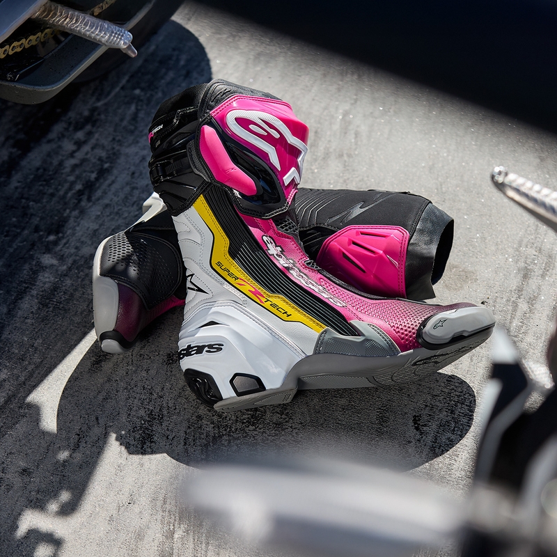 Alpinestars Supertech R motorcykelstøvler sort-hvid-pink-gul