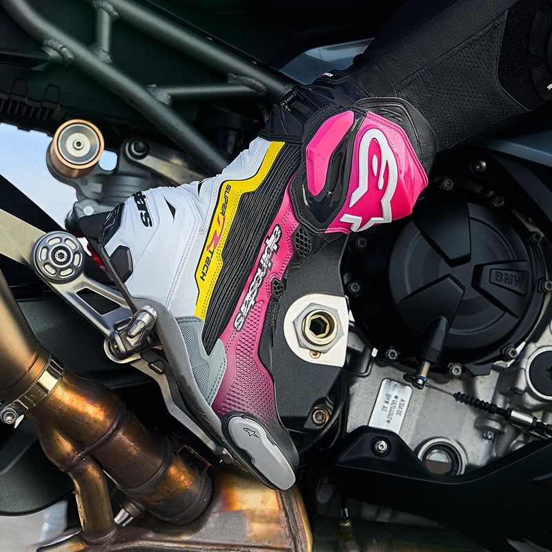 Alpinestars Supertech R motorcykelstøvler sort-hvid-pink-gul