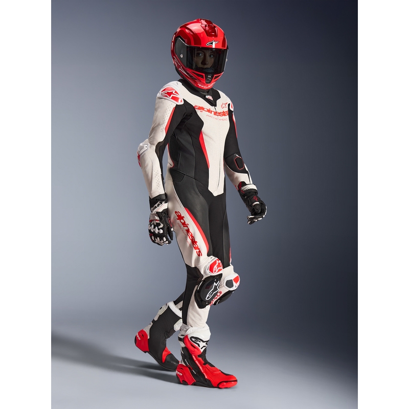 Dame heldragt i læder til motorcykel Alpinestars Stella GP-R7 hvid-fluo rød-sort