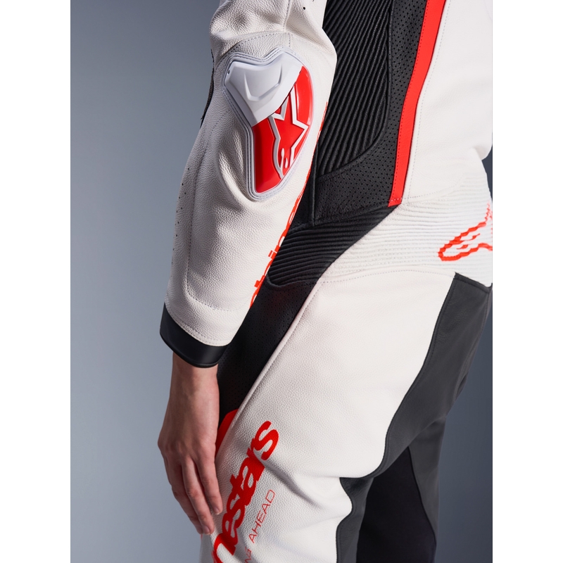 Dame heldragt i læder til motorcykel Alpinestars Stella GP-R7 hvid-fluo rød-sort