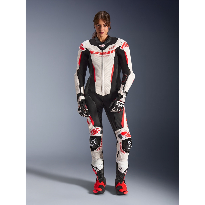 Dame heldragt i læder til motorcykel Alpinestars Stella GP-R7 hvid-fluo rød-sort