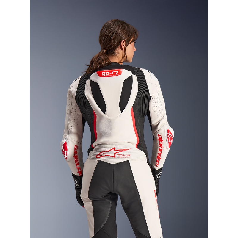 Dame heldragt i læder til motorcykel Alpinestars Stella GP-R7 hvid-fluo rød-sort