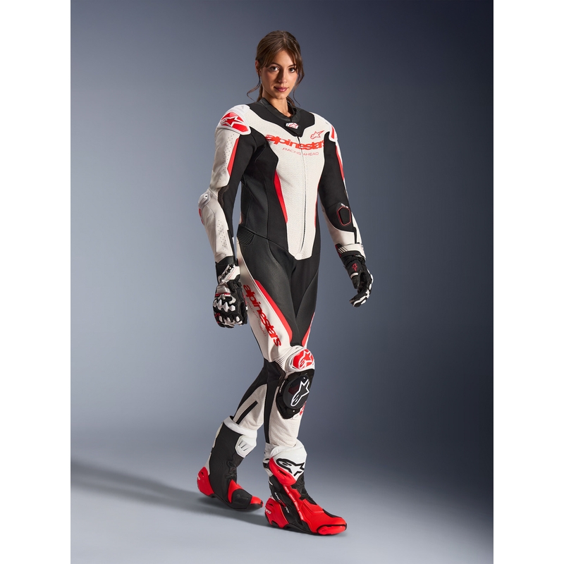 Dame heldragt i læder til motorcykel Alpinestars Stella GP-R7 hvid-fluo rød-sort