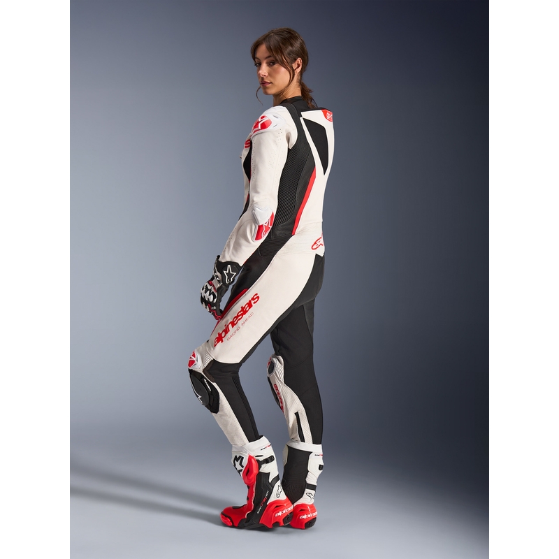 Dame heldragt i læder til motorcykel Alpinestars Stella GP-R7 hvid-fluo rød-sort