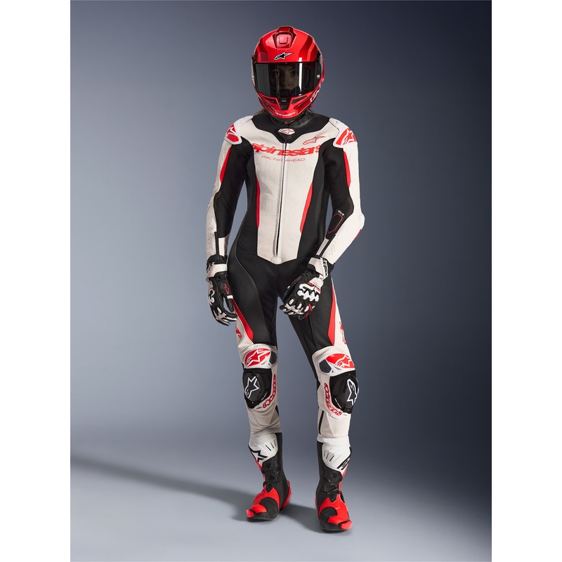Dame heldragt i læder til motorcykel Alpinestars Stella GP-R7 hvid-fluo rød-sort