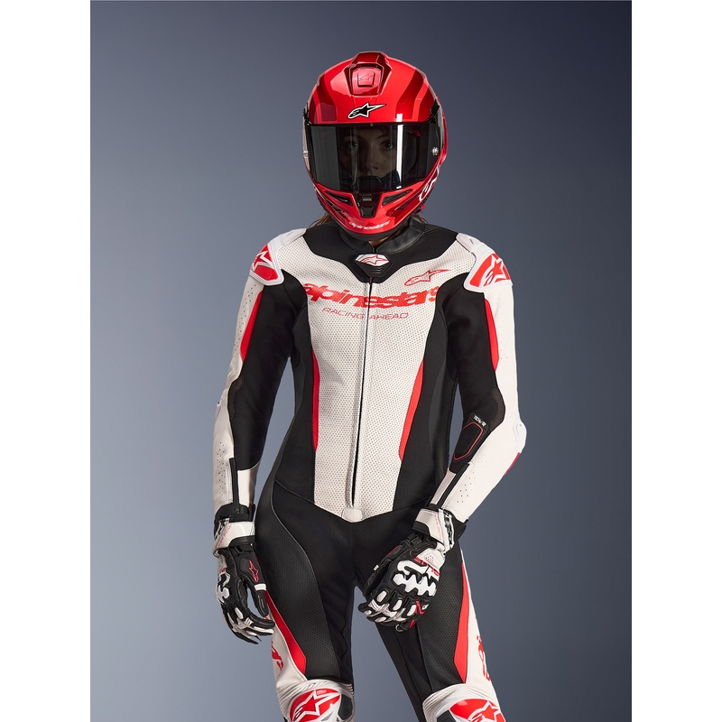 Dame heldragt i læder til motorcykel Alpinestars Stella GP-R7 hvid-fluo rød-sort