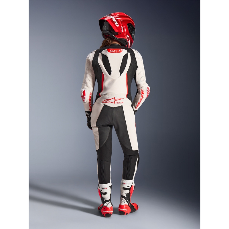 Dame heldragt i læder til motorcykel Alpinestars Stella GP-R7 hvid-fluo rød-sort