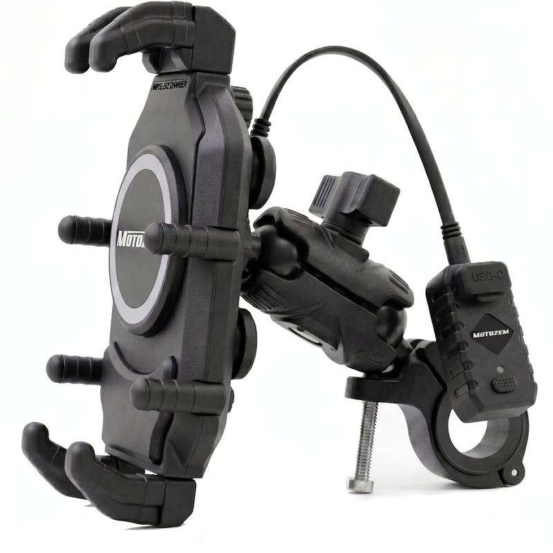 MotoZem Claw PRO antivibrationsholder med trådløs oplader og USB-C-stik, sort