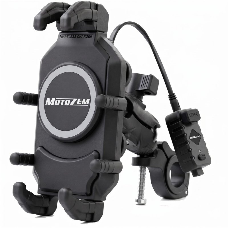 MotoZem Claw PRO antivibrationsholder med trådløs oplader og USB-C-stik, sort