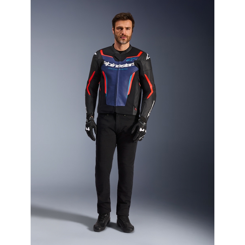 Alpinestars GP Force V2 lædermotorcykeljakke sort-blå-fluo rød