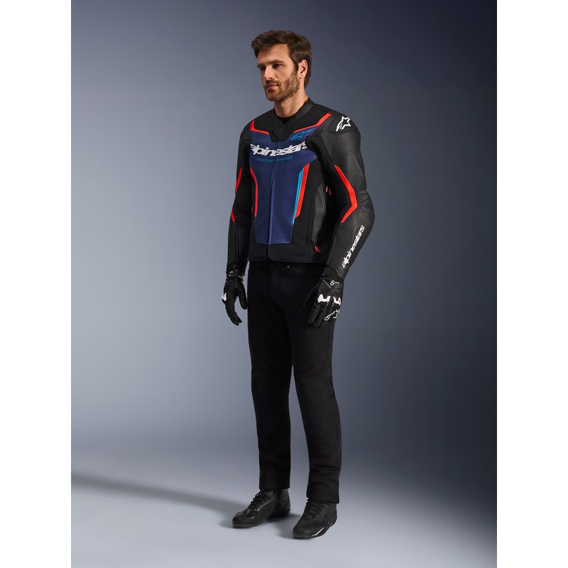 Alpinestars GP Force V2 lædermotorcykeljakke sort-blå-fluo rød