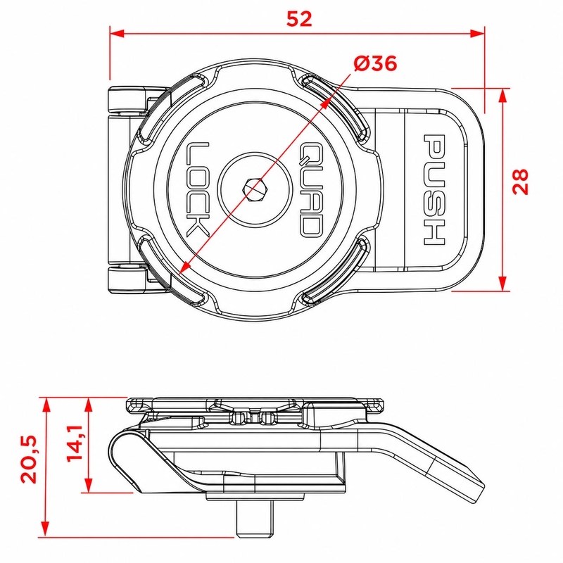 Quad Lock® 360 Kort Håndtag Mobiltelefonholderhoved Sort