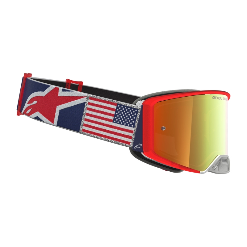 Alpinestars Supertech Fiftyfold motocrossbriller blå-rød-hvid med spejlblank rød plexiglas