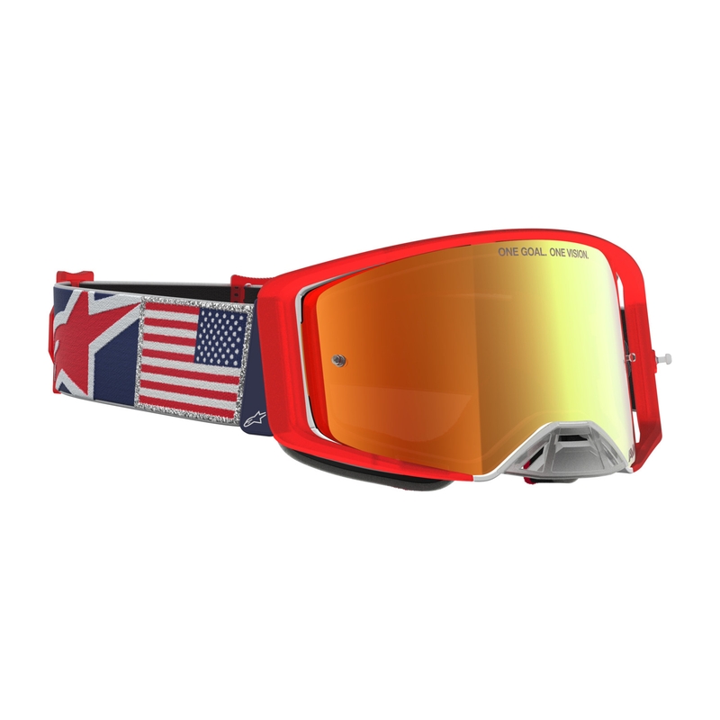 Alpinestars Supertech Fiftyfold motocrossbriller blå-rød-hvid med spejlblank rød plexiglas