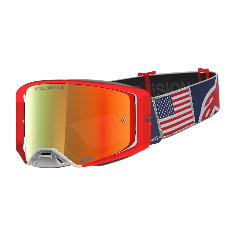 Alpinestars Supertech Fiftyfold motocrossbriller blå-rød-hvid med spejlblank rød plexiglas