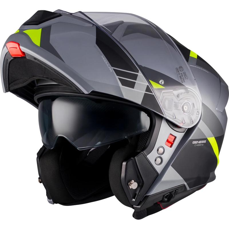 Flip-up motorcykelhjelm MT Genesis R SV Cheeky C3 sort-grå-fluo gul
