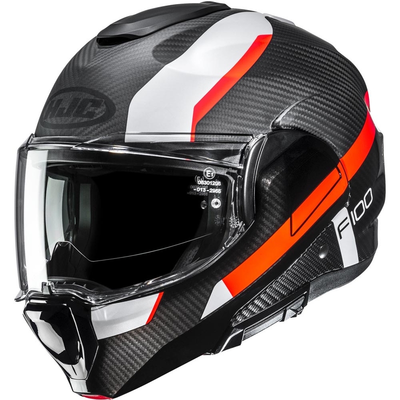 Flip-up motorcykelhjelm HJC F100 Carbon Askan MC6HSF sort-orange-hvid-rød