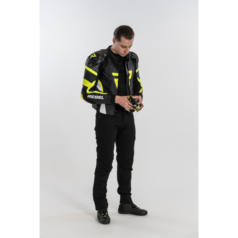 Bunda na motorku Rebelhorn Rebel černo-bílo-fluo žlutá výprodej